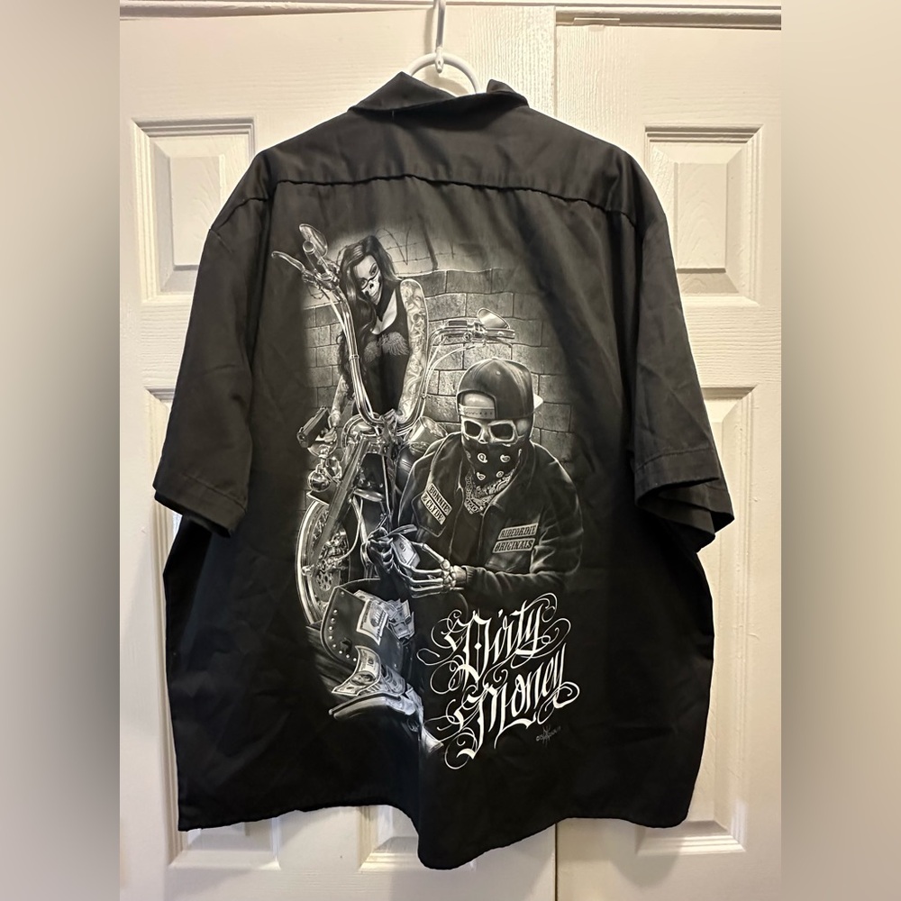 Vintage Ride or Die Y2K Men’s Bonnie & Clyde Graphic Button Up Work Shirt 3XL